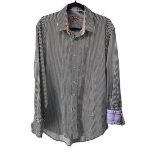 Robert Graham X flip cuff striped button shirt business standout suit sz Lg c